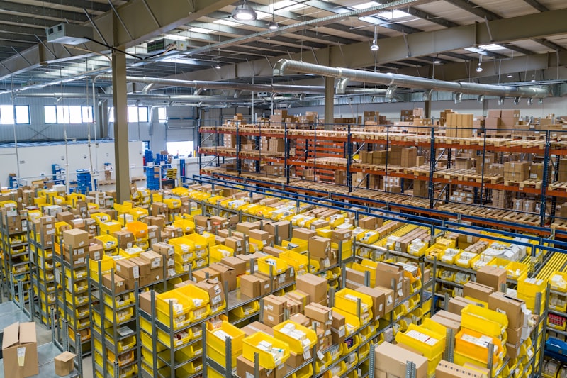 Warehouse racking holding boxed stock and supplies